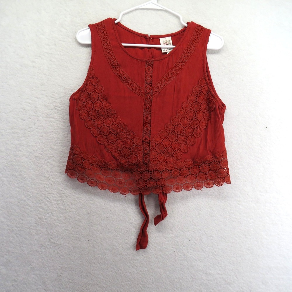 Self Esteem Tank Top Womens Large Red Crochet Lace Trim Boho Sleeveless Tie Back